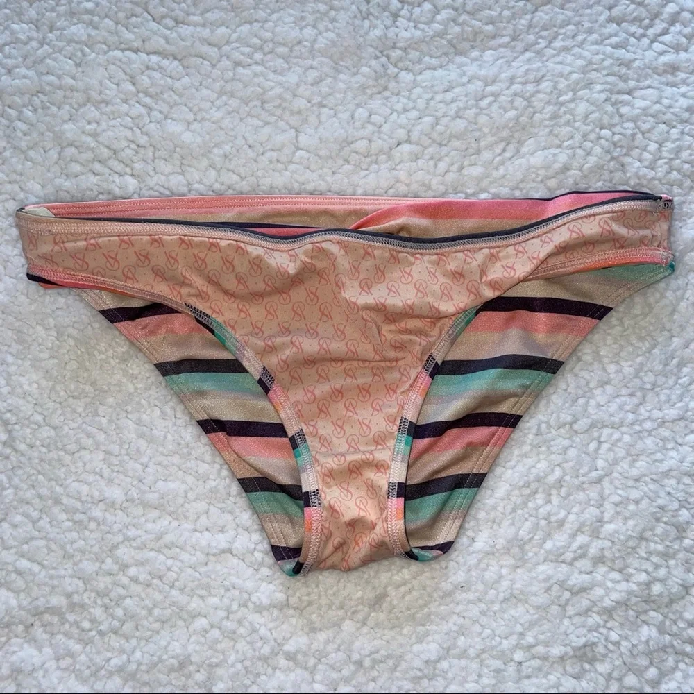 Victoria’s Secret bikini swim bottoms stripes peach teal front cross over band M